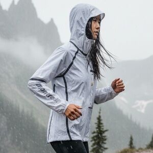 Columbia Montrail OutDry Jacket Women L‎ White Gray Reflective Hooded Trail-RARE